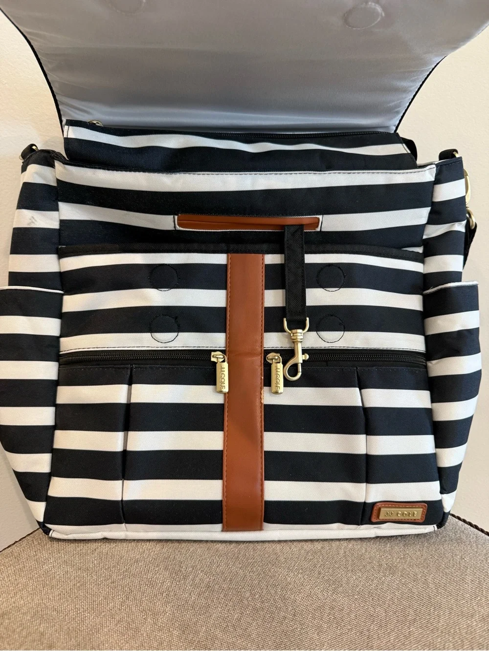 JJ Cole Black & White Striped Diaper Bag with Brown Trim
